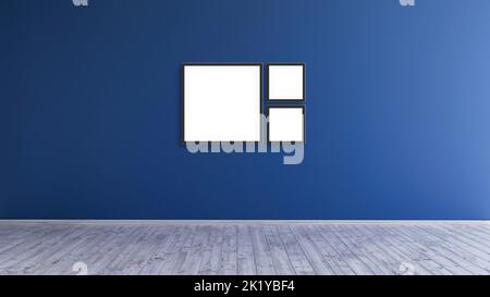 Drei leere moderne quadratische schwarze Rahmen Mockup-Design auf einer blauen Wand Raum für Drucke und Fotos. Stockfoto