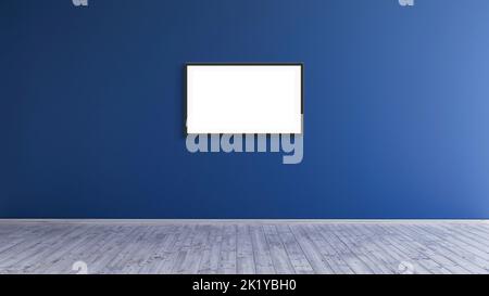 Leerer horizontaler schwarzer Rahmen im Nachbau auf einem blauen Wandraum für Drucke und Fotos. Stockfoto