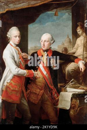 Joseph II. (1741–1790), Kaiser des Heiligen Römischen Reiches (1765-1790), mit seinem Bruder Peter Leopold (1747-1792), Großherzog der Toskana (1765-1790), später Leopold II., Kaiser des Heiligen Römischen Reiches (1790-1792), Porträt in Öl auf Leinwand von Pompeo Batoni, 1769 Stockfoto