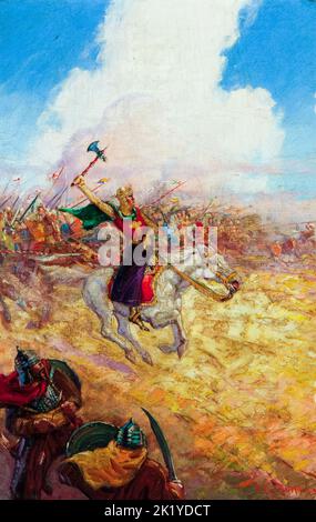 König Richard I. von England (1157-1199), Richard Löwenherz, der seine Truppen zu Pferde in die Schlacht führte, Gemälde in Öl auf Leinwand von Henry Cruse Murphy vor 1931 Stockfoto