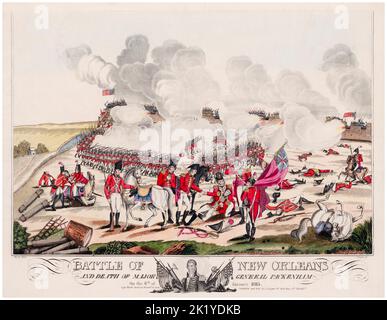 Die Schlacht von New Orleans und der Tod des Generalmajors Packenham (sic) am 8.. Januar 1815, Aquatinta-Druckgravur von William Edward West (Künstler) und Joseph Yeager (Kupferstecher), 1817 Stockfoto