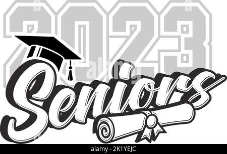 Absolvent der Klasse 2023. Das Konzept der dekorieren Glückwünsche für Schulabgänger. Design für T-Shirt, Flyer, Einladung, Grußkarte. Abbildung, Stock Vektor
