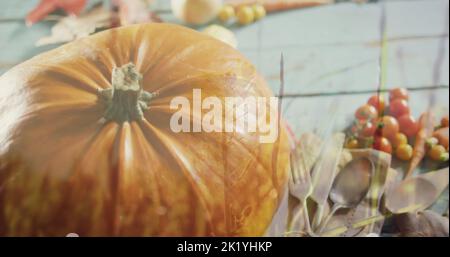 Bild von halloween Kürbis und Herbst produzieren auf grauem Hintergrund Stockfoto