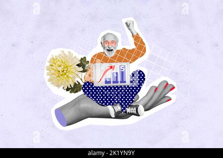 Collage 3D Bild von Pinup Pop retro Skizze von glücklich lächelnd alten Kerl sitzen Arme Playong usd Dollar Austausch isoliert Malerei Hintergrund Stockfoto