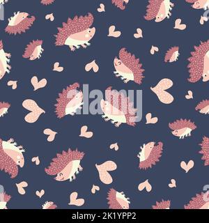 Niedliche stachelige, stachelige, Igel und Herz nahtlose Muster Hintergrund. Cartoon Kawaii Igel und Doodle Herzen rosa blauen Hintergrund. Naturwald Stock Vektor