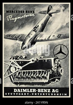 1940s Mercedes WW2 Plakat Werbung für Mercedes-Luftfahrtmaschine im Nazi-Deutschland-Kampfflugzeug Me109 mit Swastika-Heckflosse. 'Flugmotoren' Mercedes-Benz Stuttgart - Unterturkheim Nazi-Deutschland 2. Weltkrieg 2. Weltkrieg die Messerschmitt Bf 109 ist ein deutsches Kampfflugzeug aus dem 2. Weltkrieg, das zusammen mit der Focke-Wulf FW 190 das Rückgrat der Luftwaffe war. Die Bf 109 wurde 1937 während des Spanischen Bürgerkrieges zum ersten Mal in Betrieb genommen und war nach dem Ende des Zweiten Weltkriegs im Jahr 1945 noch in Betrieb. Der DB-600-Motor wurde erstmals im November 1937 produziert. Stockfoto