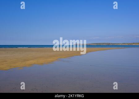 Blick auf den Godrevy Lighthouse vom Porthniere Beach mit Sandspieß Stockfoto