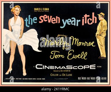 „Seven Year Itch“ Retro-Kinoposter der 50er Jahre für Marilyn Monroe in „The Seven Year Itch“ The Seven Year Itch ist ein amerikanischer Romantikkomödienfilm aus dem Jahr 1955, der auf einem gleichnamigen Theaterstück von George Axelrod in drei Akts basiert. Der Film wurde gemeinsam von Billy Wilder und den Stars Marilyn Monroe und Tom Ewell geschrieben und Regie geführt Stockfoto