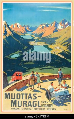 MUOTTAS-MURAGL Vintage 1930s Reiseposter, Engadin Valley Sommer Bergbahn Moutains Resort Schweiz. Poster. Stockfoto