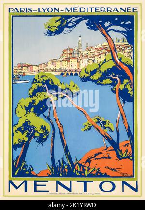 MENTON Vintage PLM Französisches Reiseposter Menton Cote d'Azur Französische Eisenbahn-Reise 1930er Jahre - PLM Südfrankreich Paris Lyon Mediterranee Stockfoto