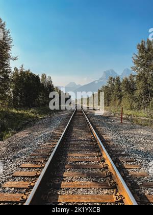 Bahngleise durch die Rocky Mountains in Canmore, Kanada. Stockfoto