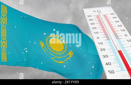 Winter in Kasachstan mit schwerer Kälte, negativen Temperaturen, Kalte Jahreszeit in Kasachstan, grausamsten kältesten Wetter in Kasachstan, Flagge Kasachstan mit t Stockfoto