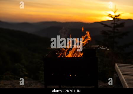 Brennendes Holz in der Nacht. Lagerfeuer am touristischen Camp in der Natur in den Bergen. Flamme und Feuer Funken auf dunklen abstrakten Hintergrund. Kochen Grill im Freien Stockfoto