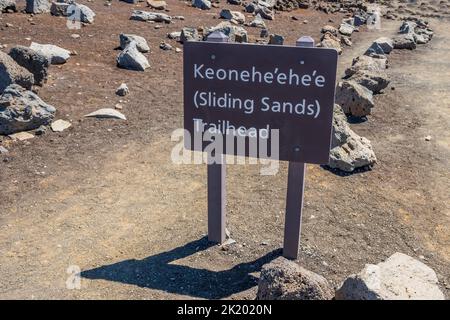 Eine Beschreibung für den Trail im Haleakala Nationalpark, Hawaii Stockfoto