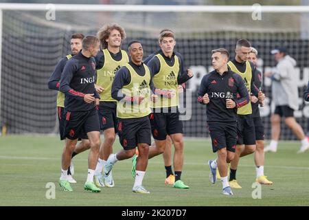 Tubize, Belgien, 21/09/2022, Belgiens Spieler während einer Trainingseinheit der belgischen Fußballnationalmannschaft, der Roten Teufel, am Mittwoch, den 21. September 2022 in Tubize, während der Vorbereitungen für die bevorstehenden Spiele der UEFA Nations League. BELGA FOTO BRUNO FAHY Stockfoto