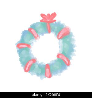 Vektor-Weihnachtskranz auf transparentem Hintergrund in Aquarell mit rotem Band gemalt. Stock Vektor