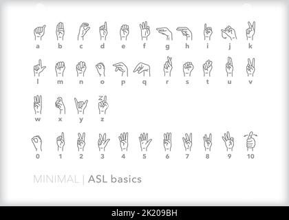 Satz von Buchstaben- und Zahlensymbolen im American Sign Language (ASL)-Alphabet, um zu lernen, wie man durch Signieren kommuniziert Stock Vektor