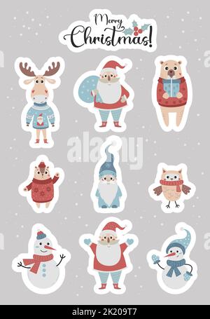 Setzen Sie Aufkleber von Weihnachtsfiguren und Tieren. Weihnachtsmann, Zwerg, Schneemann, Bär und Streifenhörnchen, Hirsch und Eule in Strickkleidung. Isoliertes Vektorfahrzeug Stock Vektor