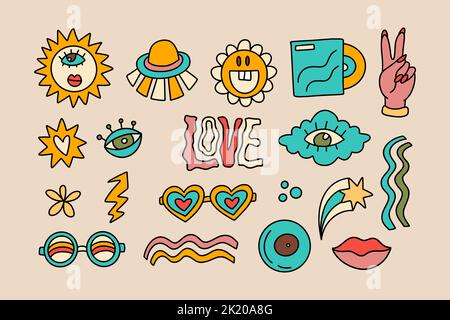 Groovy Aufkleber Set, Retro-Auge, ufo und Brille Blume Hippie 70s Disco Cartoon Illustration Vektor Element Sammlung Stock Vektor