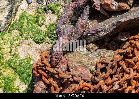 Alte rostige Ketten am Strand bei Ebbe Stockfoto