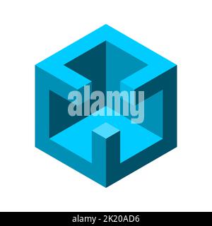 Blaues abstraktes Objekt mit 3D Würfeln. Architektonisches Merkmal mit Balken. Isometrische Projektion. Immobilien-, Bau-, Bauindustrie. Zimmerwände. Vektor Stock Vektor