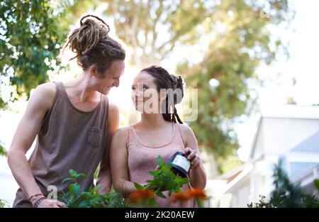 Wer Liebe sät, wächst Liebe. Ein glückliches junges Paar genießt einen Tag im Garten. Stockfoto