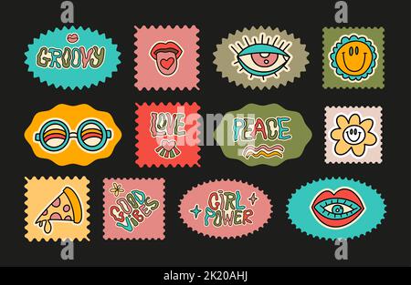 Grooviger Aufkleber Retro-Set. Hippie 70s Disco Cartoon Briefmarke, Liebesillustration mit Blume, Pizza. Vektorelement-Sammlung Stock Vektor