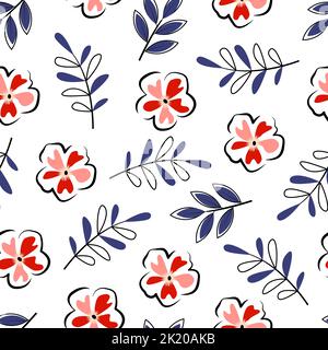 Modernes, stilvolles, nahtloses, florales Muster aus Blumen und Ästen von Blättern. Eleganter, sich wiederholender strukturierter Hintergrund Stock Vektor