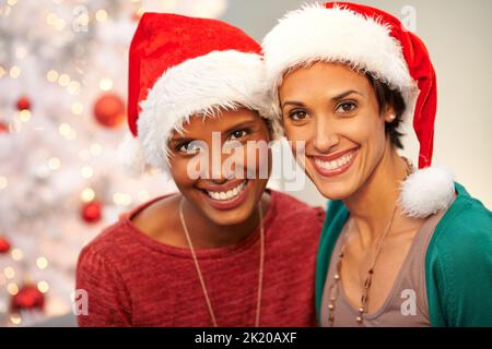 Wir lieben Weihnachten. Porträt zweier glücklicher bester Freunde, die zur Weihnachtszeit Weihnachtsmützen tragen. Stockfoto
