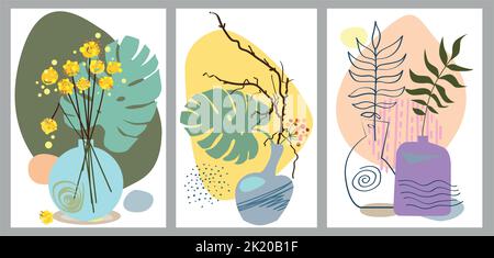 Set von abstrakten Plakaten mit Vasen. Trendige Stillleben-Collage mit Topf, Pflanze und Vase. Handgezeichnetes minimalistisches Formvektorset. Abbildung Topf mit Stock Vektor