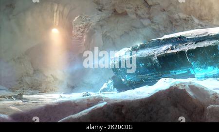 Ein Absturz landete ein Raumschiff, das ein Jahrtausend lang unter dem antarktischen Schelfeis begraben war. Neue geheime Entdeckung des Alien-Lebens-Konzepts. Stockfoto