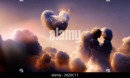Über dem flauschigen Sonnenuntergangshimmel sehen wir ein verliebtes Paar aus Wolken, verträumt, Erinnerung, schöne Umarmung. Stockfoto