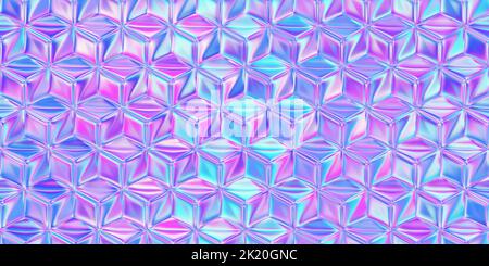 Nahtlose 80s holographische rosa und blau Kunststoff Gelee Plexiglas isometrische quadratische geometrische Würfel Hintergrundtextur. Schillernder abstrakter Neon-Webpunk Stockfoto