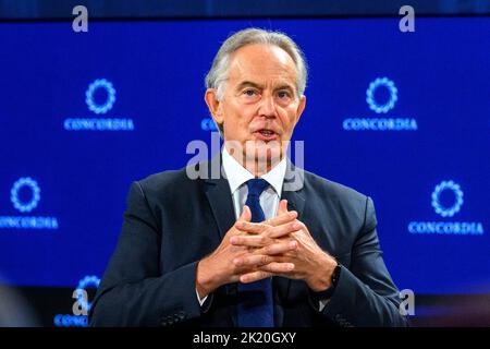 New York, USA. 21. September 2022. Der ehemalige britische Premierminister Tony Blair spricht über den Abschluss des Concordia-Gipfels in New York City. Kredit: Enrique Shore/Alamy Live Nachrichten Stockfoto