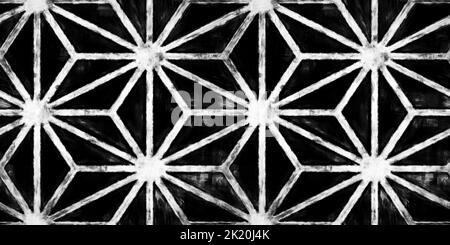 Nahtlos gemalt traditionellen japanischen asanoha Hanf Blatt schwarz und weiß künstlerischen Acryl Farbe Textur Hintergrund. Kachelbare, handgezeichnete geometrische Ausrichtung Stockfoto