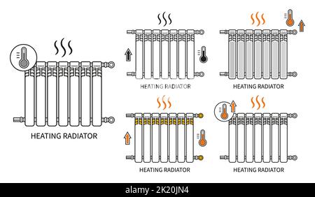 Zentralheizung Heizkörper Batterie, Heizsystem Hausraum, Metall-Hauswand Heizung Symbol. Wärmekonvektor. Warmschlauch für die Regellufttemperatur. Vektor Stock Vektor