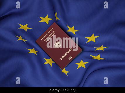 Deutschland-Pass mit EU-Flagge, Mitte, Draufsicht, 3D Rendering Stockfoto