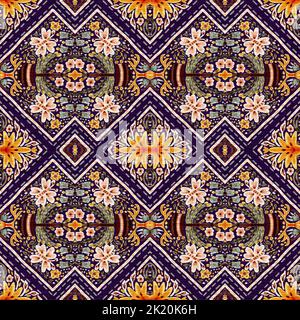 Rustikale provence Blumenmuster Hintergrund. Boho skurrile französische Farbmuster für wiederholte Kacheln. Country Cottage Vintage-Steppdruck. Stockfoto