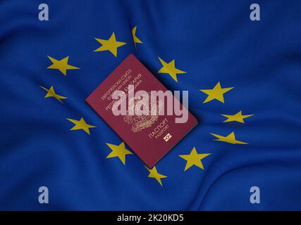 Bulgarien-Pass mit EU-Flagge im Hintergrund, Ein bulgarischer Pass ist ein internationales Reisedokument, das an bulgarische Staatsbürger ausgestellt wurde Stockfoto