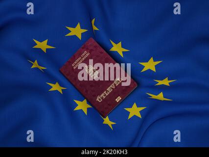 Ungarn-Pass mit EU-Flagge im Hintergrund, ungarische Pässe werden ungarischen Bürgern für internationale Reisen durch die Zentrale ausgestellt Stockfoto