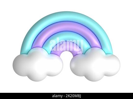 3D Regenbogen in Bonbon-Pastellfarben lila, blau. Niedlichen Kunststoff Regenbogen mit Wolken. 3D Rendering Frühling Illustration geeignet für die Dekoration von Geburtstag Stockfoto