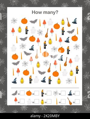 Wie viele Zählen Lernspiel für Kinder Halloween aktuelle Vokabular Vektor Illustration, pädagogische Puzzle, druckbare Arbeitsblatt für Freizeit oder Lernspiel, Lehrer Ressourcen Stock Vektor