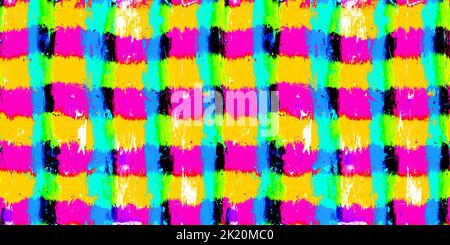 Nahtlose Pop Art Grunge Farbe Checker Quadrate Hintergrundmuster. Trendy lebendige gender neutral 80s neon pink, orange und blau Dopamin Dressing texti Stockfoto