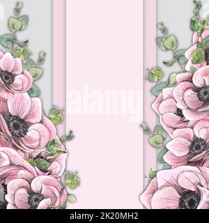 Rosa Anemone blüht mit Eukalyptuszweigen. Aquarell-Illustration im Skizzenstil mit grafischen Elementen. Brett aus einem großen Satz von PARIS. Für die Stockfoto