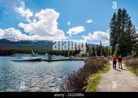 Touristen wandern entlang des Maligne Lake, des Jasper National Park, Alberta und Kanada Stockfoto