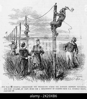 Der Krieg in Georgien - Zerstörung des Telegraphs über die Sümpfe zwischen Savannah und Fort Pulaski, durch Kapitän Budd und eine Abteilung von Matrosen von US-Kanonenboot Ellen, 27.. Januar 1862. Illustration des amerikanischen Bürgerkriegs des 19.. Jahrhunderts aus Frank Leslie's Illustrated Newspaper Stockfoto