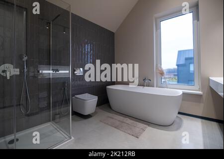 Badezimmer-Innenausstattung mit hochmodernen Sanitärartikeln Stockfoto