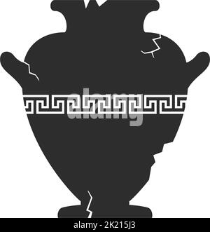 Gebrochene Amphoren-Silhouette. Gesprungene antike griechische Vase mit Mäander-Muster. Antikes Keramikgefäß oder -Gefäß. Alte Tonwaren. Vektor Stock Vektor