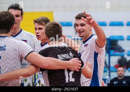 Montesilvano, Pescara, Italien. 21. September 2022. Das slowenische Team jubelt während der CEV U20 Volleyball Europameisterschaft 2022 in Montesilvano (Foto: © Elena Vizzoca/Pacific Press via ZUMA Press Wire) Stockfoto