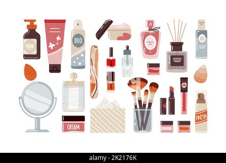 Make-up Kosmetik in flacher Ansicht von oben auf weißem Hintergrund.Vektor-Illustration Stock Vektor